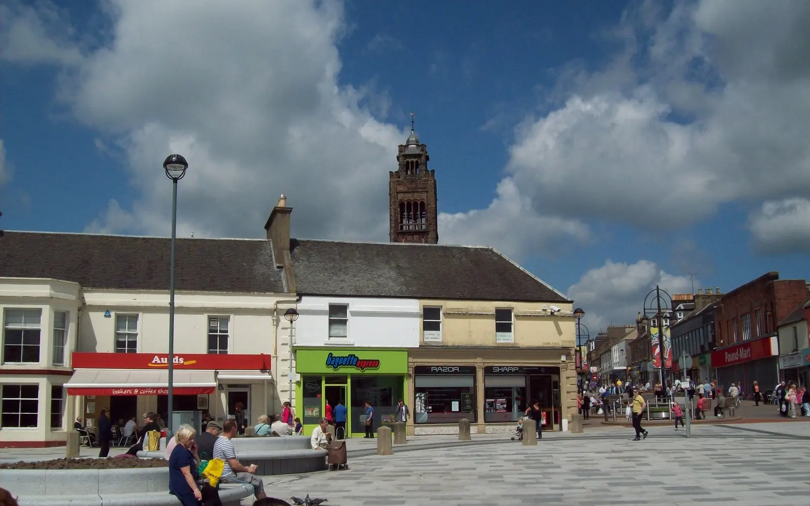 The Steelyard in Bathgate town centre with the clock tower behind
