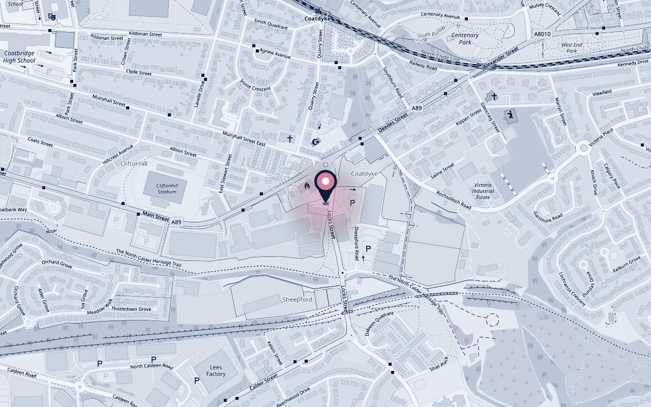 Map showing 36 Locks Street, Coatbridge, with a pin on our location in Coatdyke beside the A89